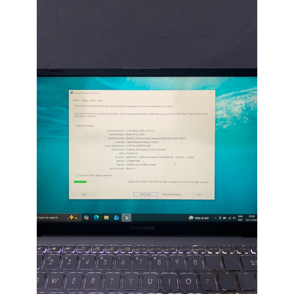 Laptop ASUS Vivobook X412DA — Ryzen, RAM 12GB, SSD 128GB