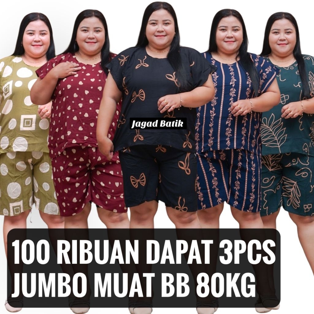 SETELAN 100RIBUAN 3PCS BABY DOLL JUMBO// ONE SET RAYON MOTIF LENGAN PENDEK// STELAN BAJU SANTAI KEKI