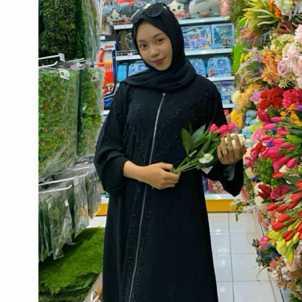 PromoAbaya Hitam Mutiara Bunga termurah