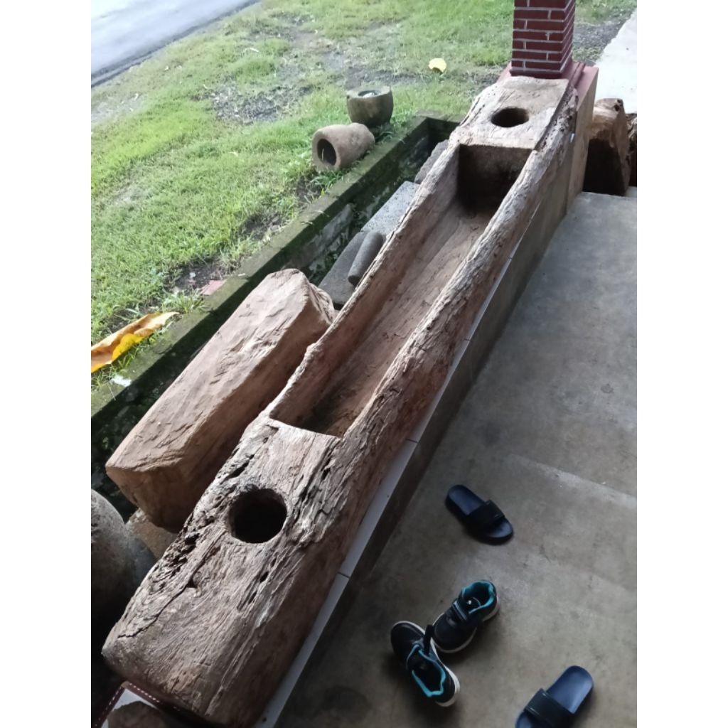 lesung lumpang dobel kayu jati tua antik kuno lawasan panjang 237 cm