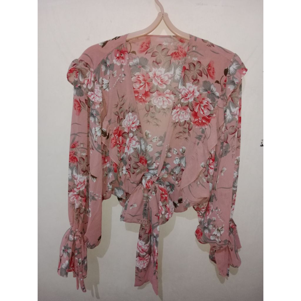 [Serba 55k] Preloved Outer Cardigan Floral Pink Sifon Tali Ikat Depan Panjang Outfit Pantai Bohemian