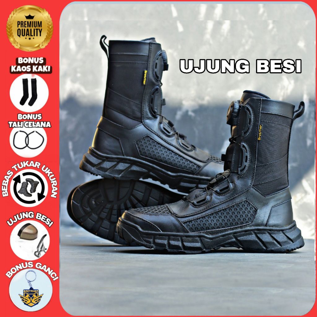 TERLARIS Sepatu Pdl Brother boots safety Tni Polri kulit asli ujung besi tali putar cepat anti air