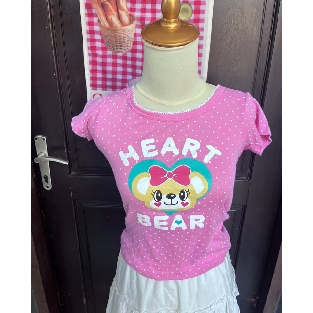 Atasan Baju Wanita T-shirt Kaos Babytee Heart Bear Pink Polkadot Lace Renda Y2K Korean Style Coquett