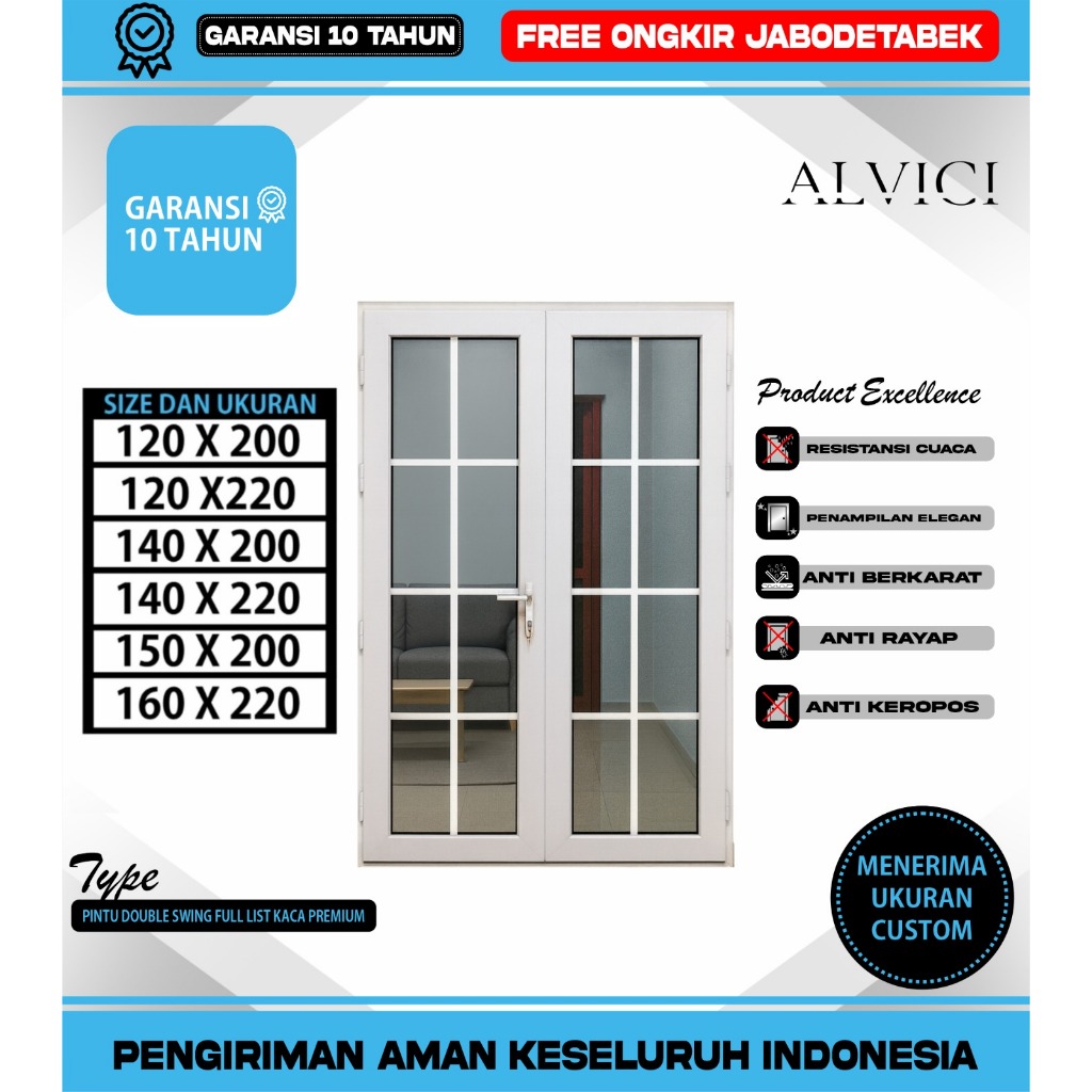 Pintu Double Swing Full Llist Kaca UPVC Pintu Utama Premium UPVC ALVICI