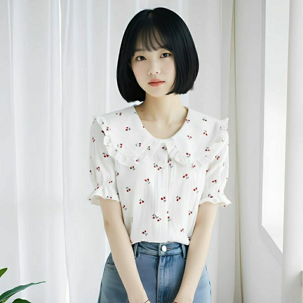 SAILOR CHERRY KEMEJA PUTIH BLOUSE SIFON KOREA FREE BROS PITA