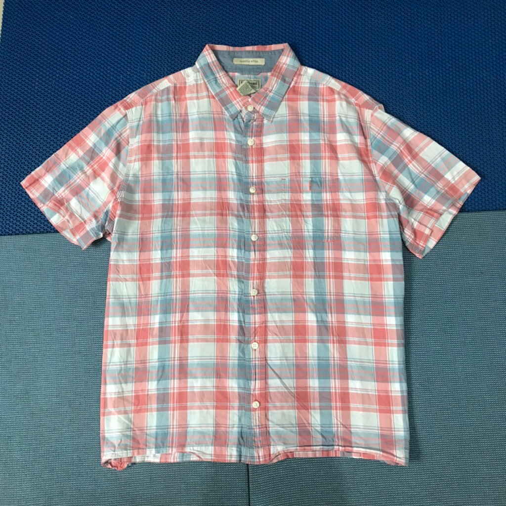LL Bean Plaid Tartan Madrass shirt Short Sleeves red grey white Size L  PxL : 72 x 63 cm.  Hem : 62 
