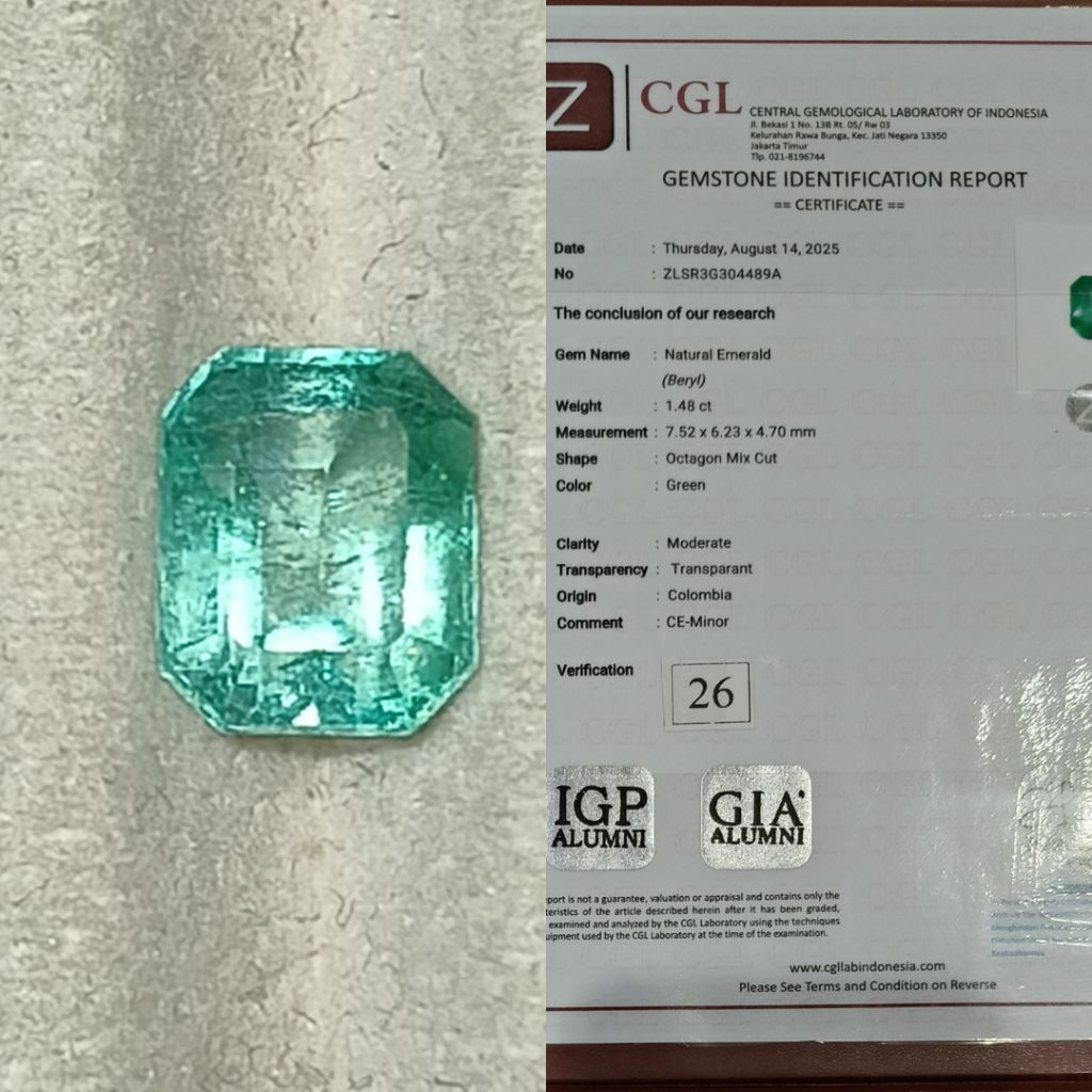 Natural Emerald Colombia 1,48ct Green Minor Serti CGL