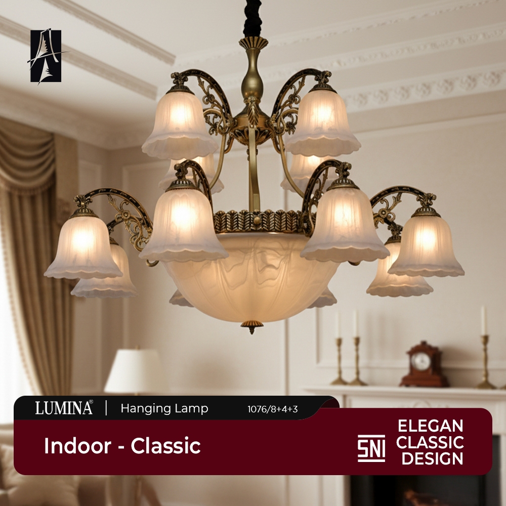 Lumina - Lampu Gantung Klasik Antique Gold Chandelier Vintage Ornamen Ukir Dekorasi Plafon Interior 