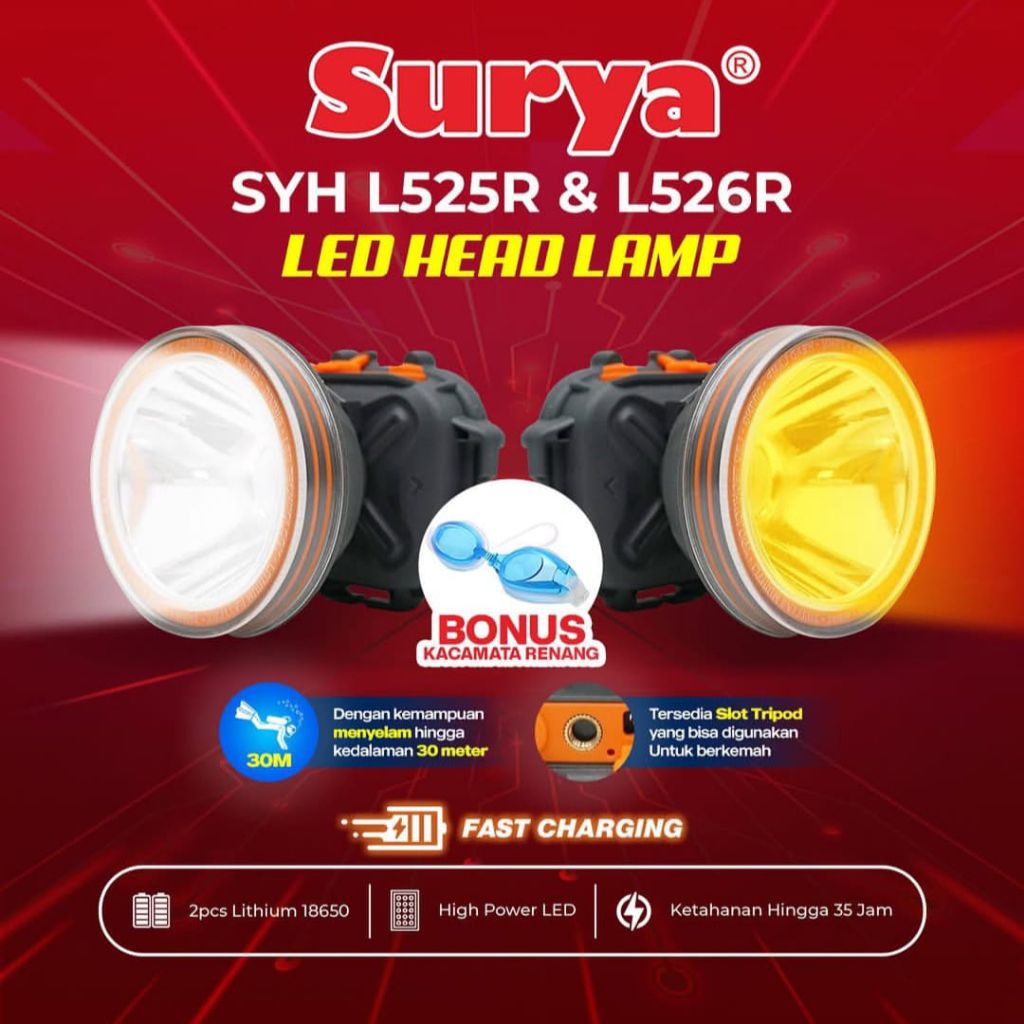 Surya Lampu Senter Kepala LED SYH L525R L526R 52W 52 Watt Rechargeable | Cahaya Putih CDL / Kuning W