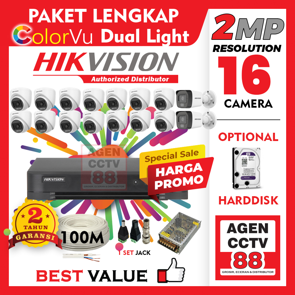 Paket CCTV HIKVISION 16 Channel Camera 16CH 2MP LENGKAP +Kabel 100M +HDD