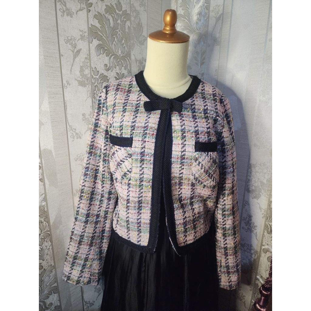 Blazer Crop Tweed Pink Biru Navy Pita