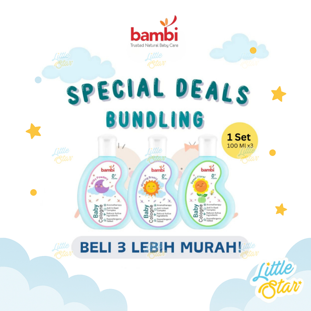 Bambi Baby Cologne 100 Ml x 3 Parfum Bayi Kulit Normal Sensitif Morning Breezy Milky Powdery Sweet F