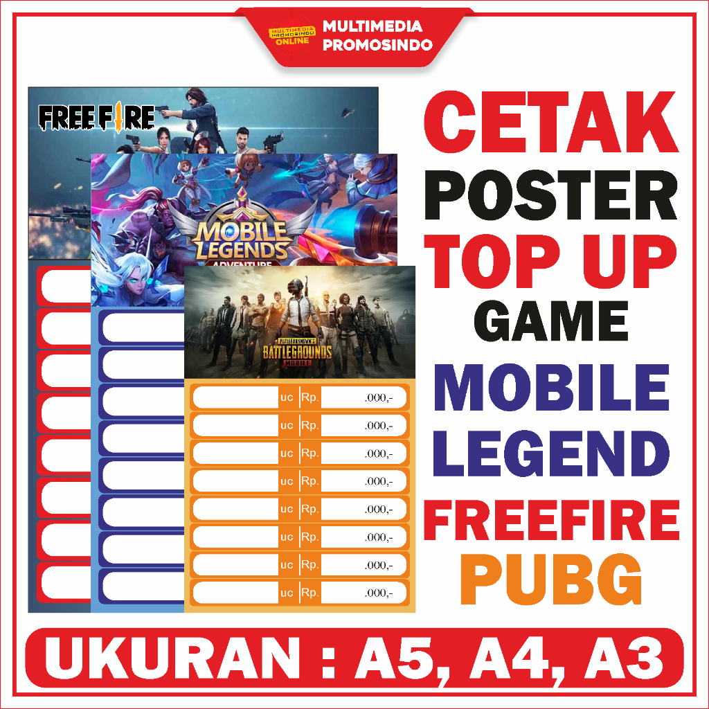 Poster GAME Konter Daftar Harga Paket TOP UP GAME FF ML PUBG / FREEFIRE / MOBILE LEGEND / PUBG MOBIL