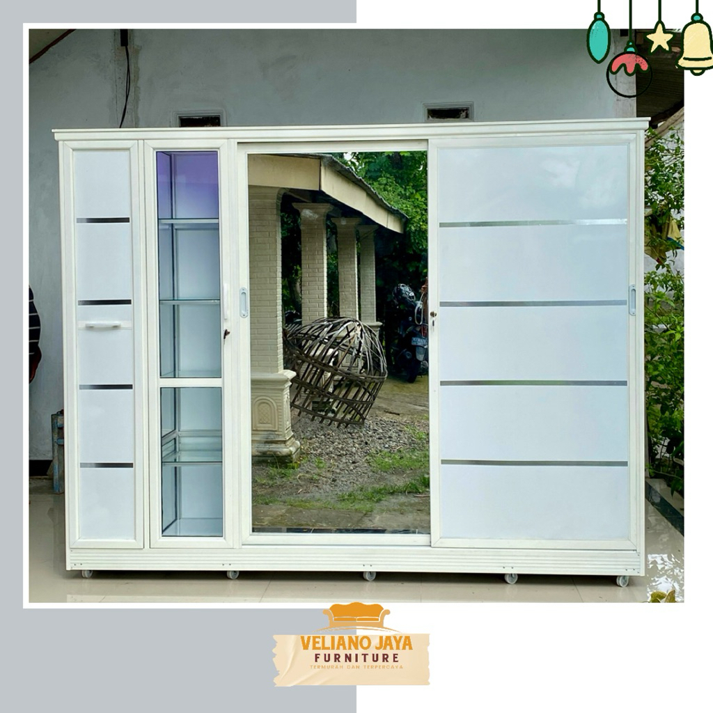 Lemari 2 Pintu Sleding + Tempat Tas + Hijab + Laci // Bahan Alumunium Kaca & Acp