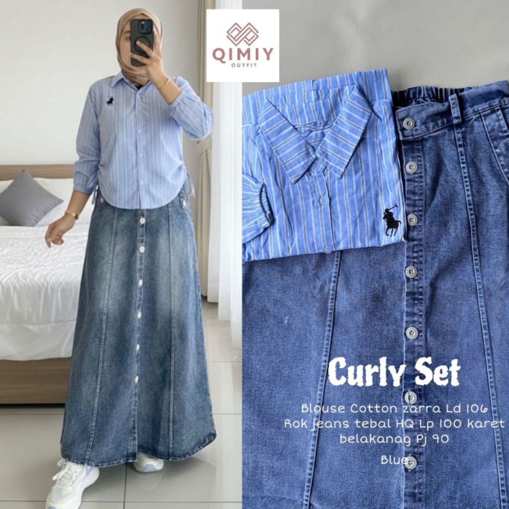 CURLY MAHIRA MECCA MUTIA EMELI SET BY MEISA STORE SET ROK JEANS KEMEJA COTTON PREMIUM MOTIF STRIPE S