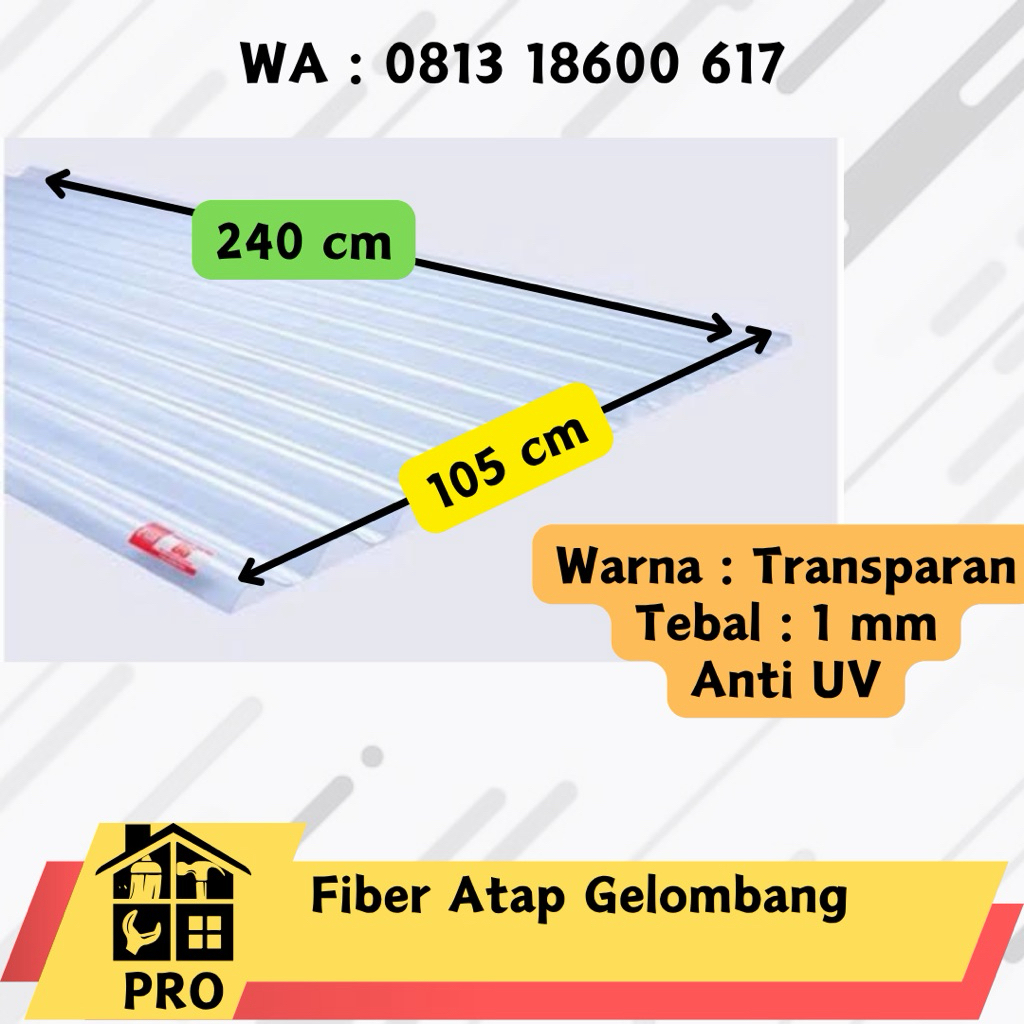 Fiber Atap Transparan 2,4 meter Gelombang Kecil Kanopi