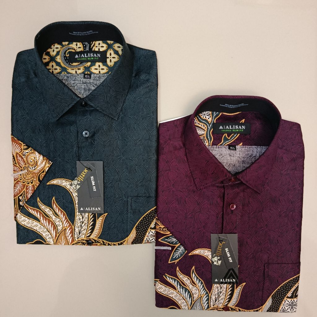 LENGAN PENDEK Alisan Batik Pria Motif Daun Panjang Burgundy Slimfit