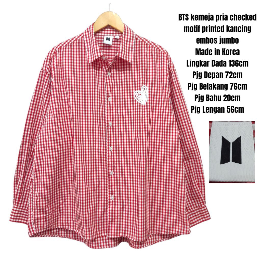 BTS Big Hit Entertainment kemeja pria checked motif printed kancing embos jumbo