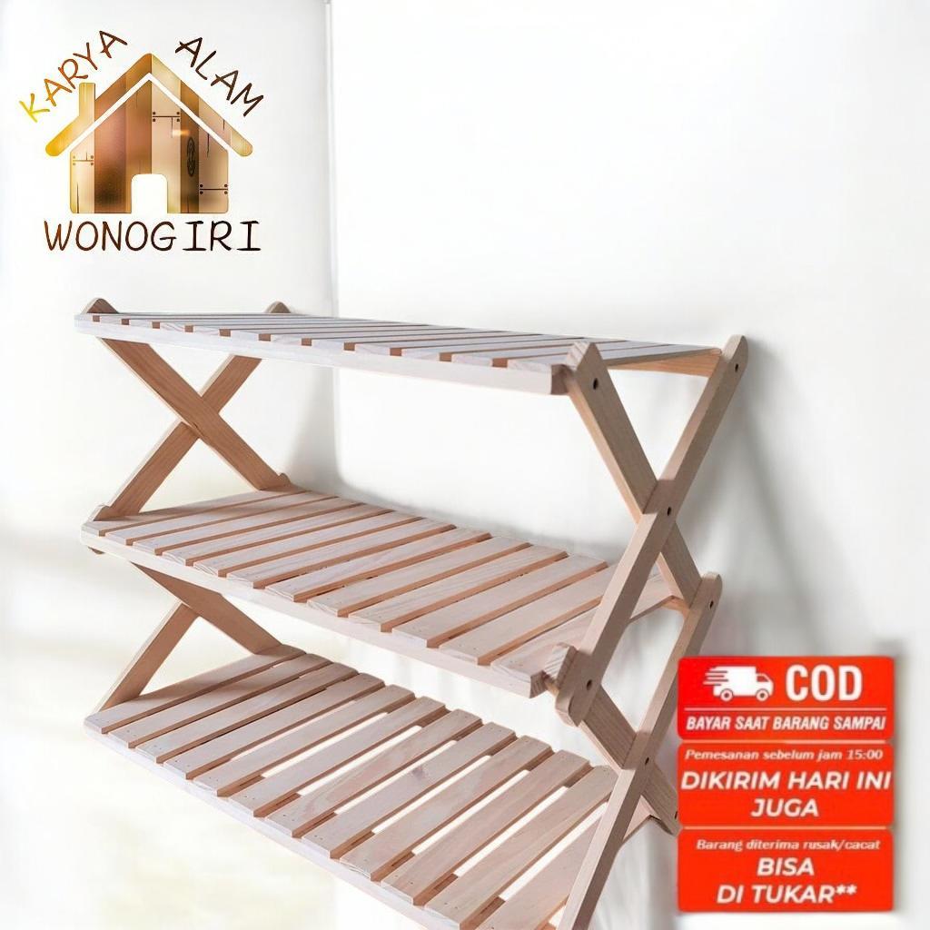 Rak Sepatu 3 Susun Kayu Zigzag Minimalis Portable Bahan Premium Mahoni Lokal Finishing Waterbase Ram