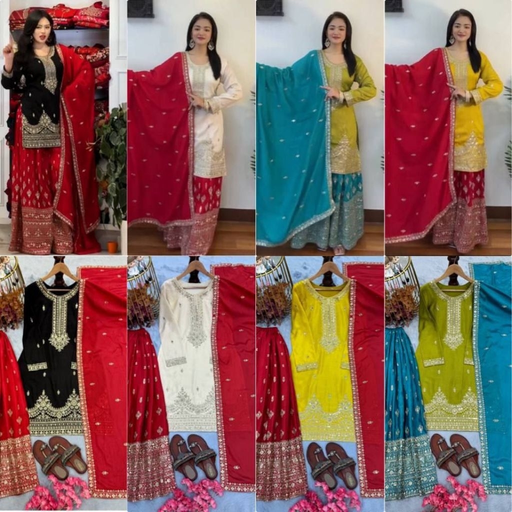 Setelan muslim palazo sutra chinon pakistan import wanita