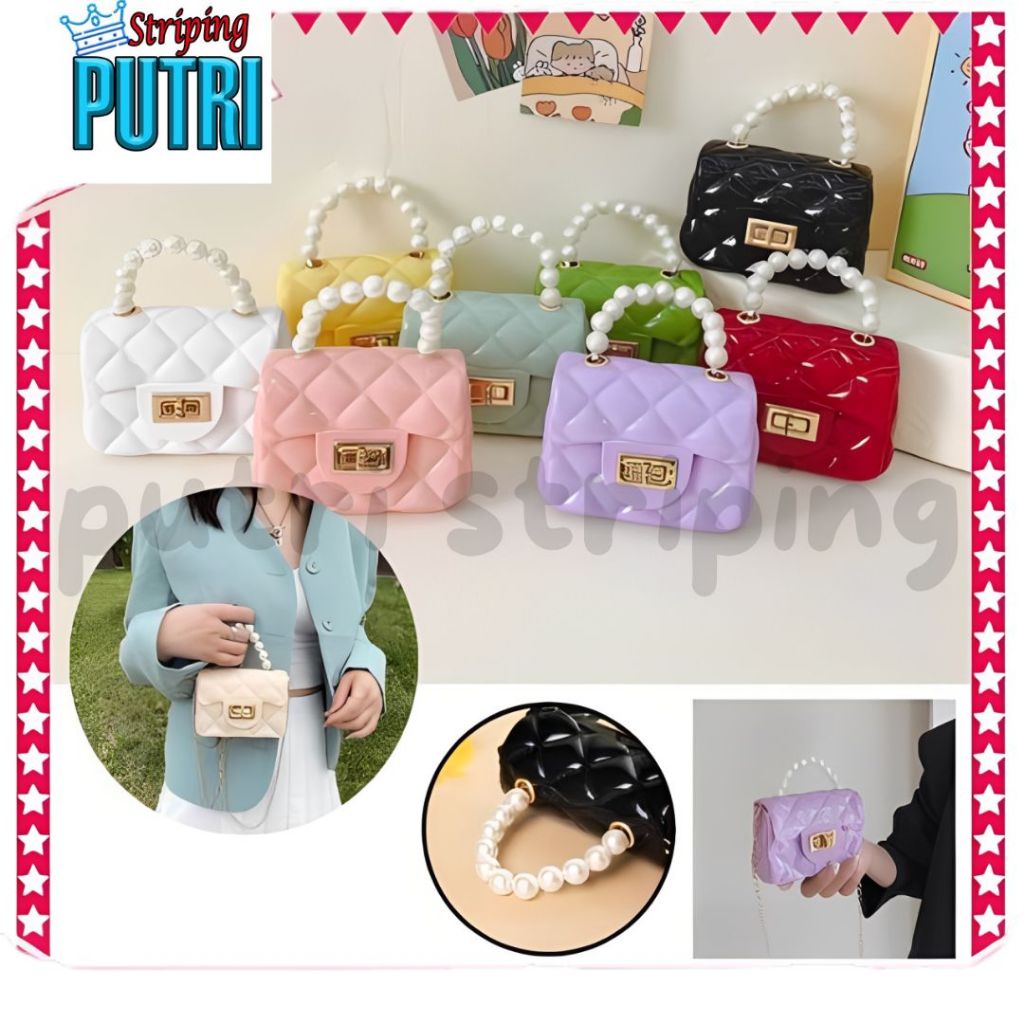 Tas Selempang Jelly  Hand Bag Mini Motif Mutiara Sling Bag Wanita Rantai Kekinian