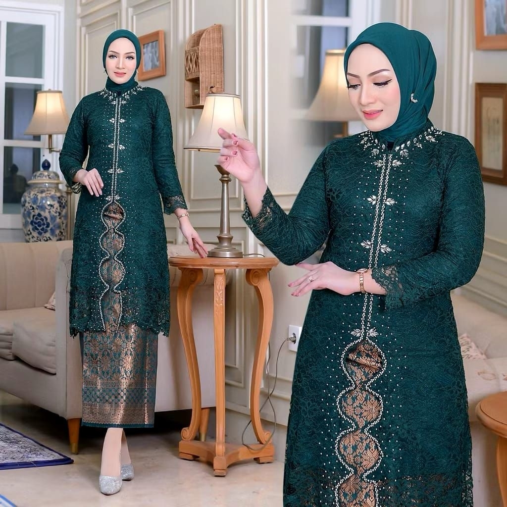 (FREE HIJAB)Set Kebaya Tunik Zigzag Kebaya Tunik Brokat Payet Mutiara Kebaya Wisuda Set Kebaya Konda