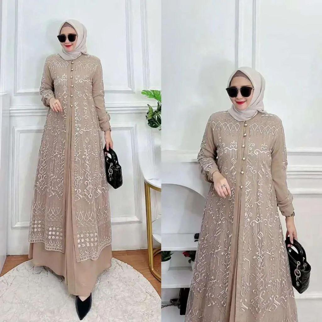 Baju Gamis Brokat Sabrina + Outer Simple Elegan Mewah Nyaman Wanita  Lebaran 2025 Ukuran Jumbo