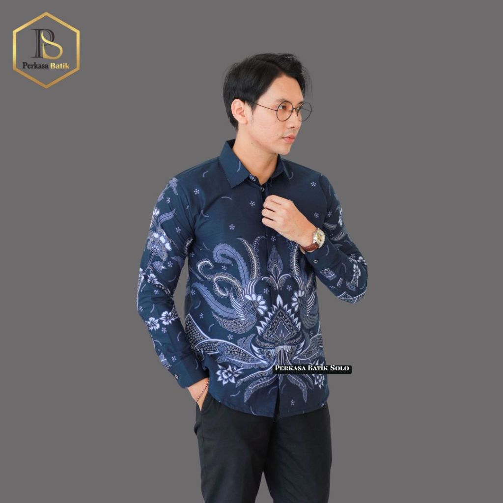 PERKASA BATIK Motif Nalendra Biru Navy Kemeja Batik Pria Lengan Panjang Furing Erro Warna Putih Hem 