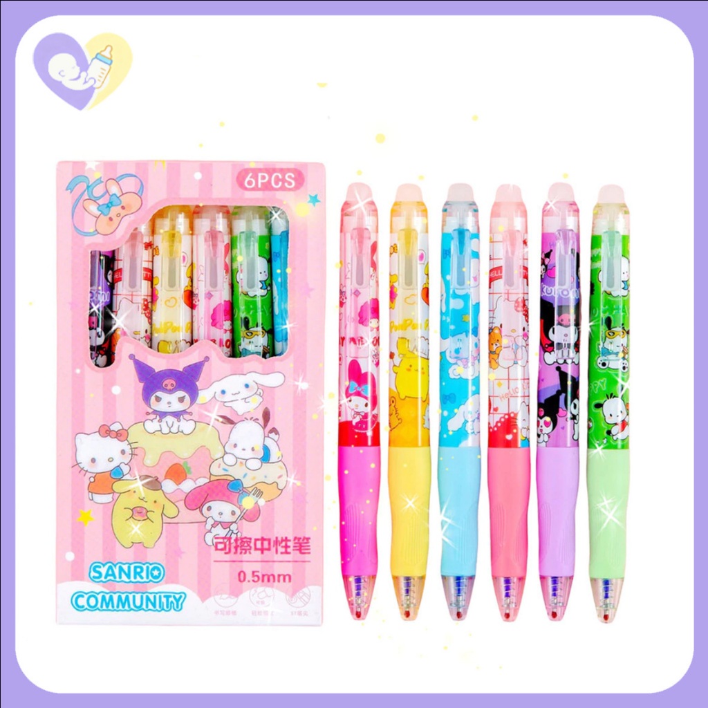 Pulpen Gel Biru Yang Bisa Dihapus Isi 6 Pcs  Karakter Kartun Kawaii/ Set Pena Yang Dapat Dihapus 0.5