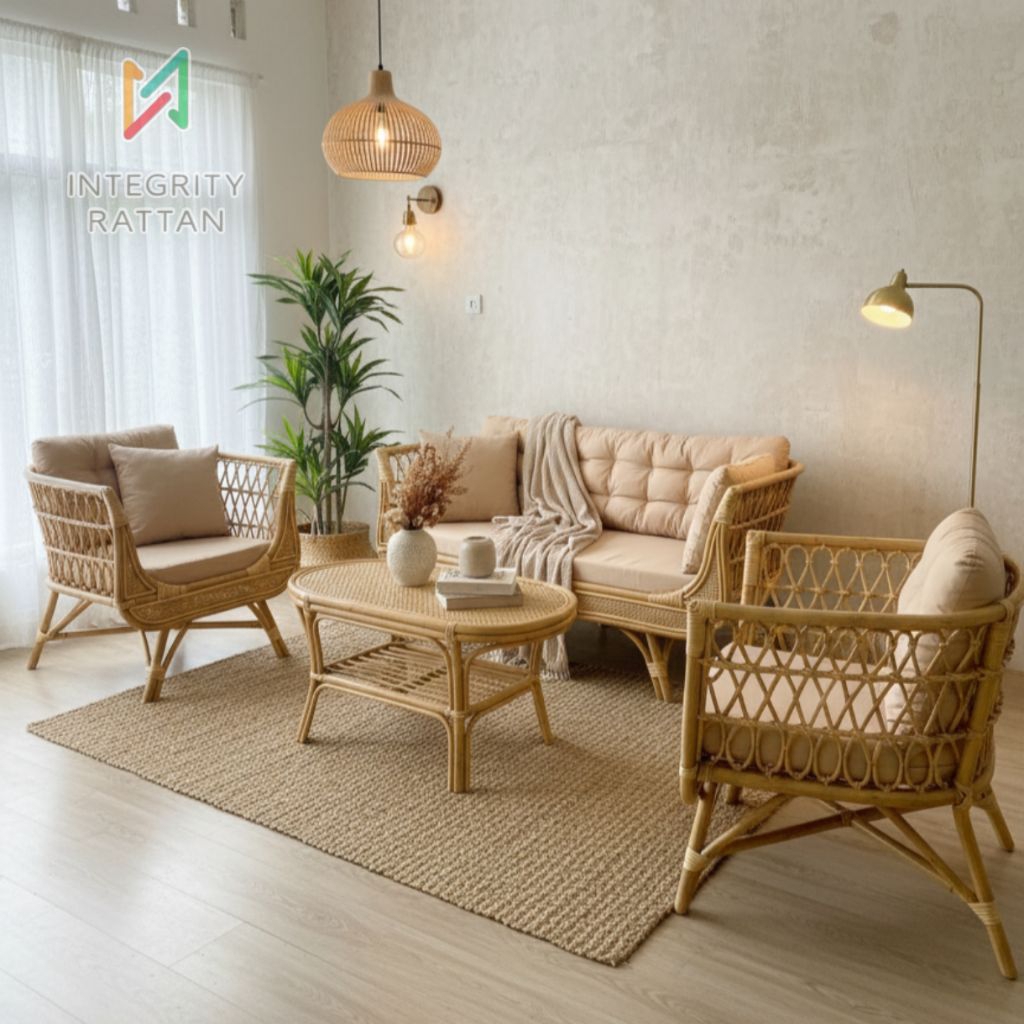 Set Kursi Sofa Bianca Plus Meja Rotan Alami Minimalis Furnitur Aesthetic