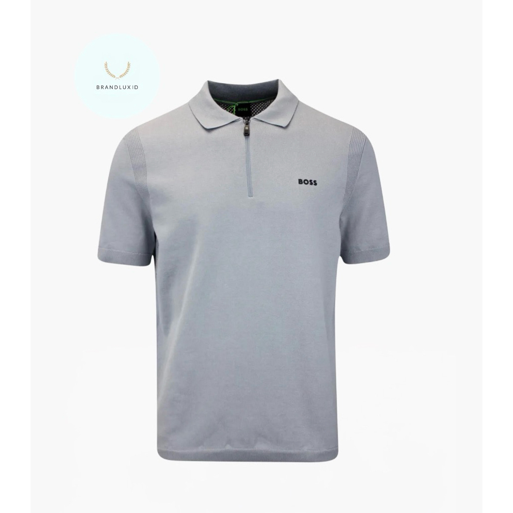 Hugo Boss Men K_Ever X Zip Neck Short Sleeve Polo Sweater in Grey Cotton