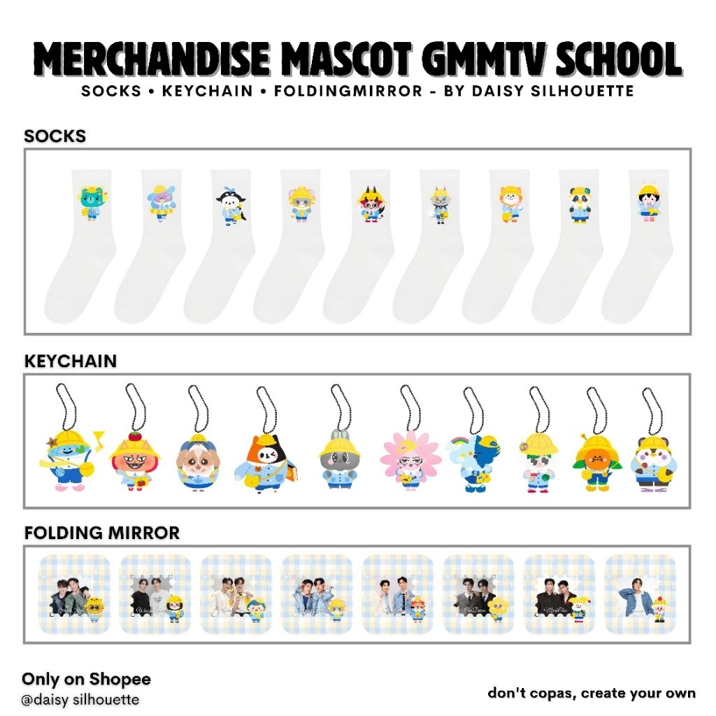 MERCHANDISE MASCOT GMMTV SCHOOL || SOCKS KEYCHAIN FOLDING MIRROR || PONDPHUWIN JOONGDUNK GEMINIFOURT