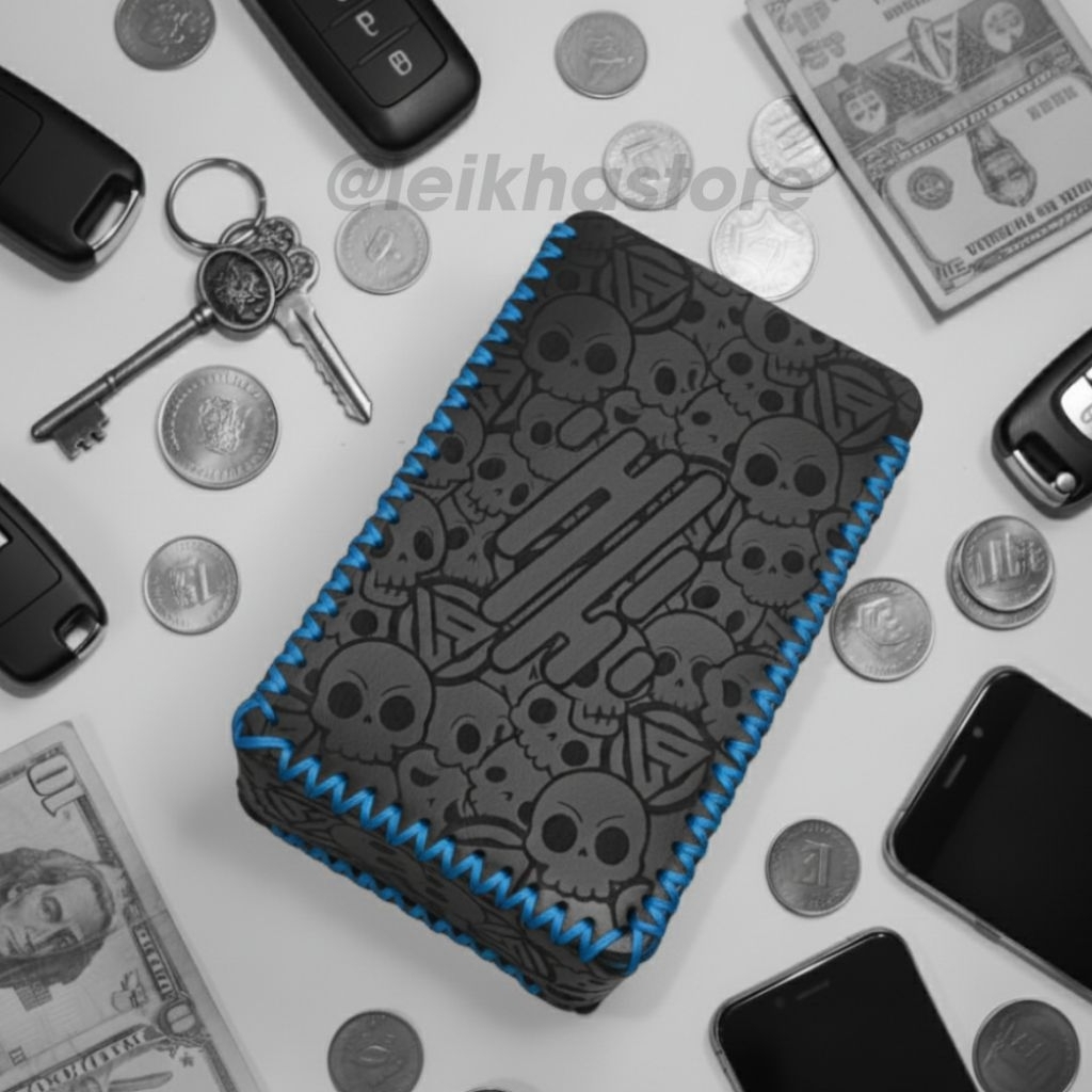 Dompet PU Leather Sleeve Case R234 Hitam Logo Full Skull Besar Benang Biru Wadah Koin Kunci Premium