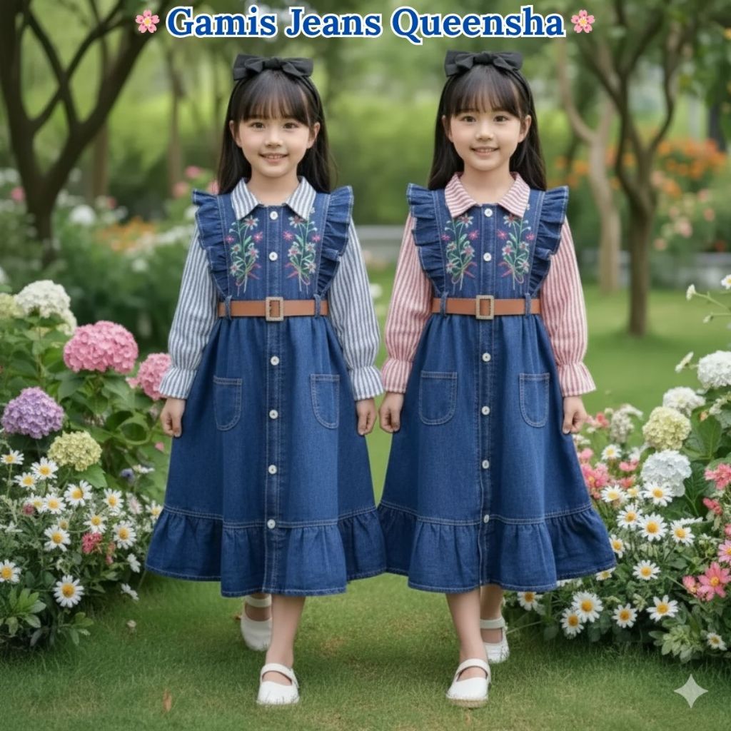 Gamis Jeans Free Belt Cantik Anak Usia3-10 Tahun Bahan Katun Mix Jeans - Gamis Jeans Anak Kekinian M
