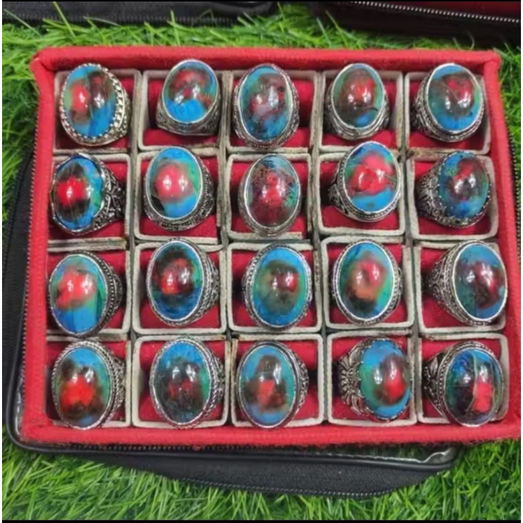 Cincin batu akik Pancawarna Rubah Banyuwangi Natural Tembus Cristal Ring Alpaka Ukir Bali