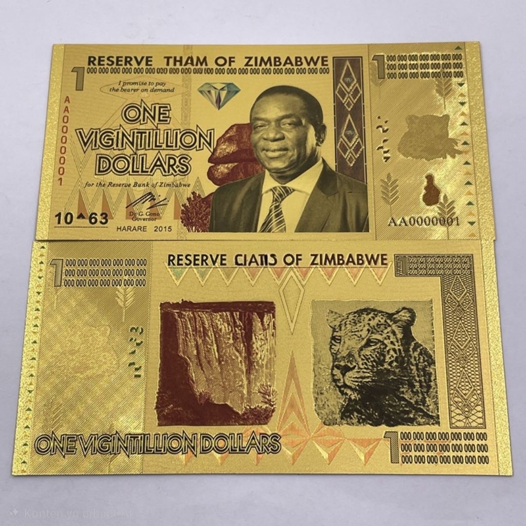 Souvenir Uang Gold Foil Zimbabwe Pecahan Besar Lebih dari 100 Triliun Antik