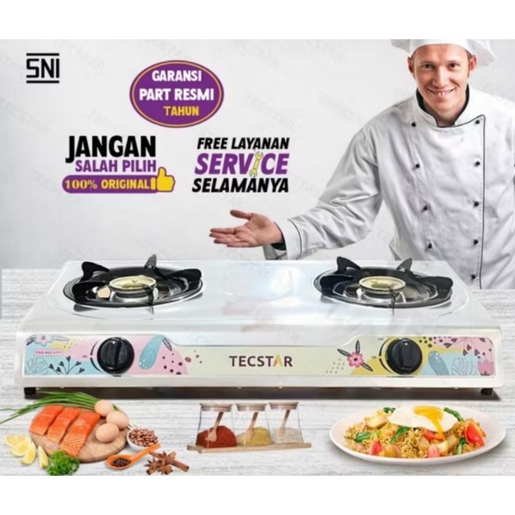 kompor tecstar 2 tungku dan satu tungku, bahan stainless, telfon denga  api biru
