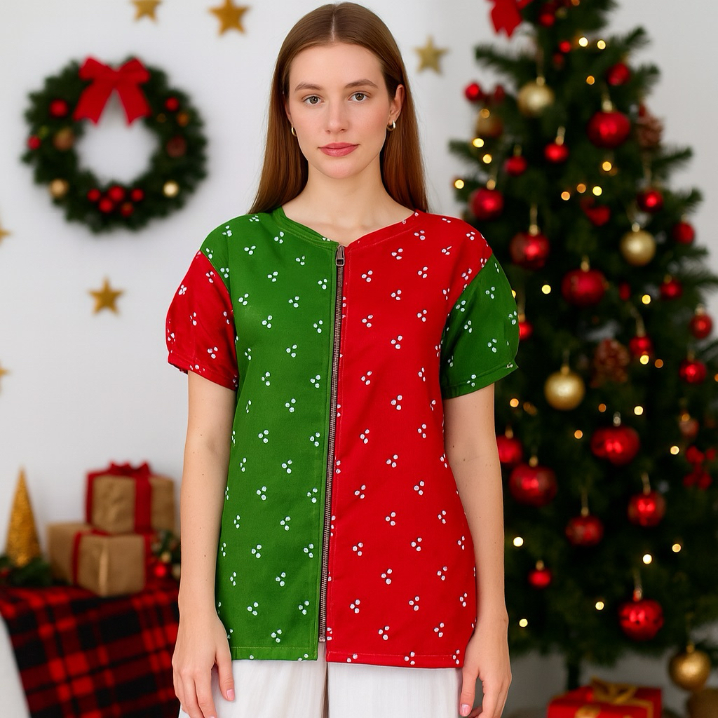 Atasan Natal Wanita Merah Hijau – Blouse Christmas Modern Resleting Depan