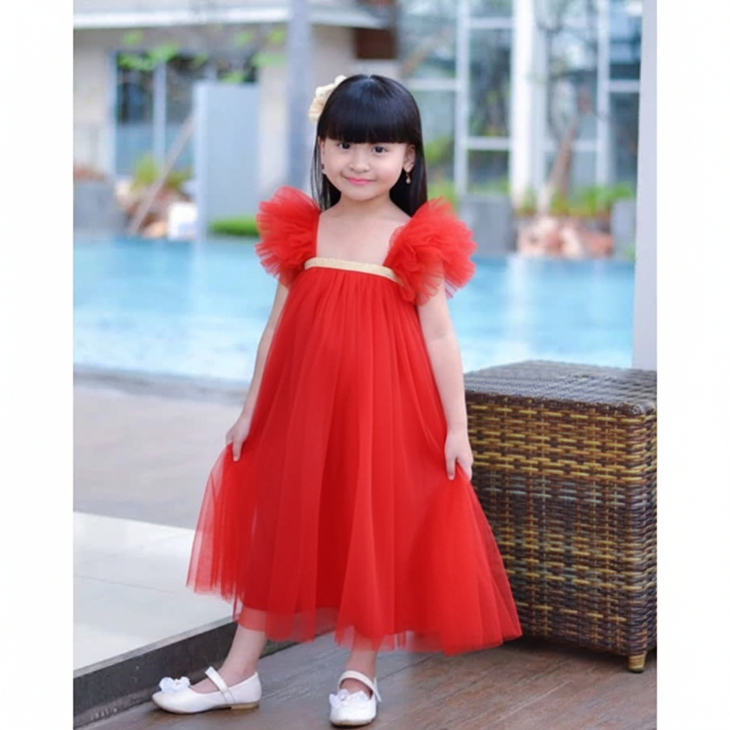 Dress Natal Anak Full Warna Bahan Tulle Halus Baju Natal Anak Perempuan Gaun Anak Merah Hijau Putih