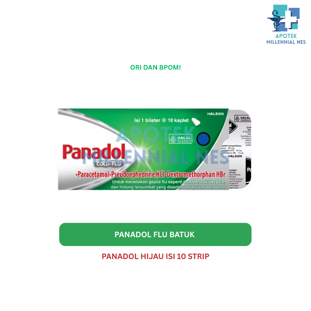 PANADOL FLU DAN BATUK - PANADOL HIJAU - 1 STRIP ISI 10 KAPLET - ORI