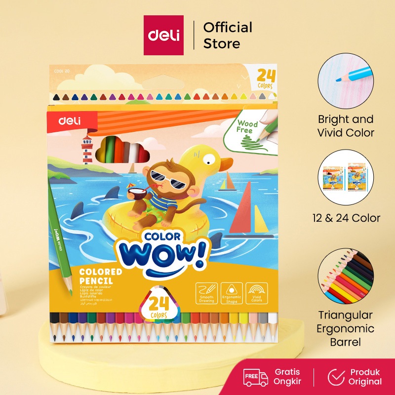 Deli Pensil Warna- Bentuk segitiga ergonomis Warna cerah 12/18/24 Warna cat tidak beracun EC00120