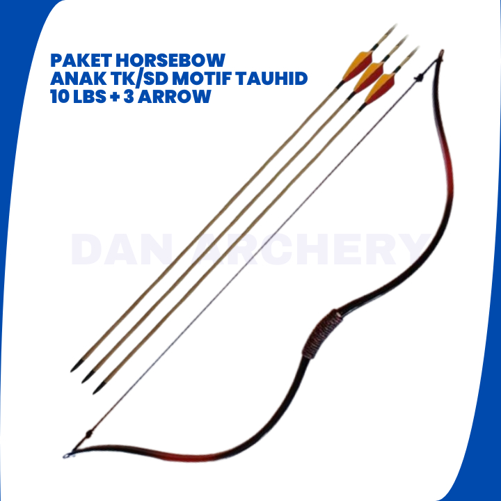 Paket Busur Panah Anak TK SD Pemula Model Horsebow 10-15 Lbs PVC + 3 Arrow
