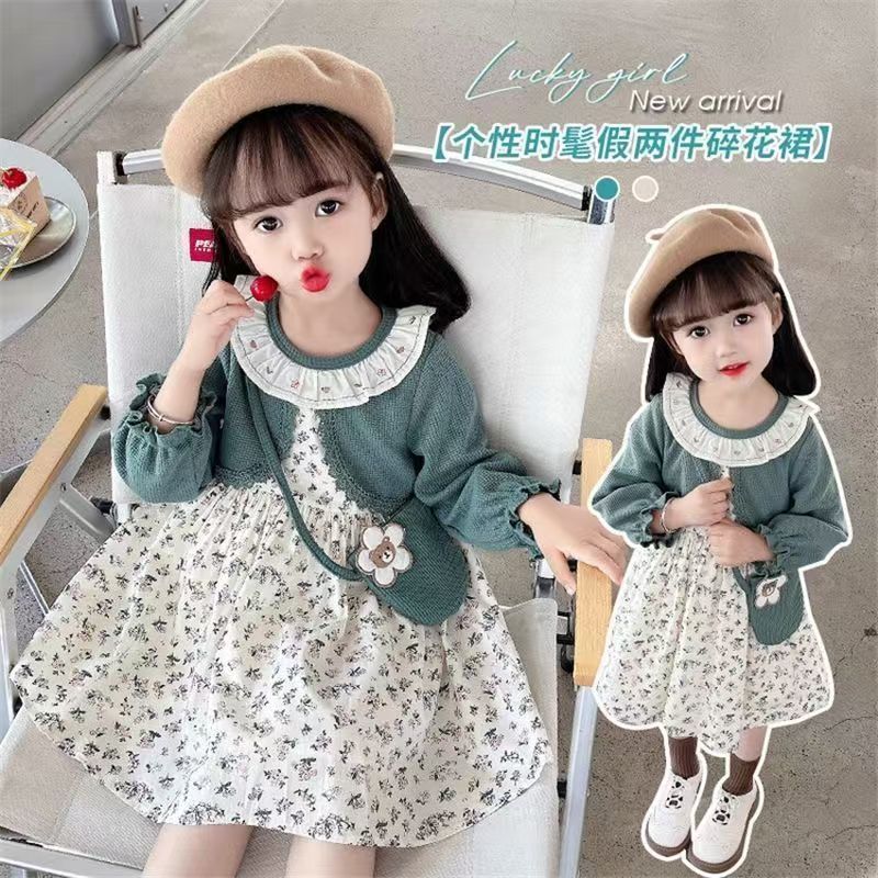 Dress Anak Perempuan Set Cardigan Rajut + Tas Lucu Import  | Outfit Anak Cewek Korea Style