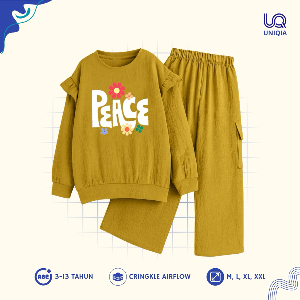 Peace Set Kids – Setelan Baju Anak Perempuan Umur 3-13 Tahun | Lengan Panjang Kombinasi Polos + Cela
