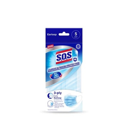 SOS Surgical Earloop Mask 3Ply Masker Kesehatan Sachet Pack Isi 5Pcs
