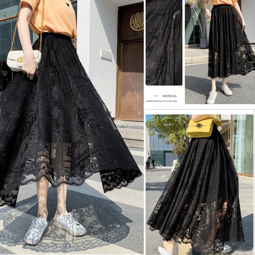WANITA LACE SKIRT Rok Renda Pinggang Tinggi Panjang Sedang A-line Rok Temperamen Menggantungkan