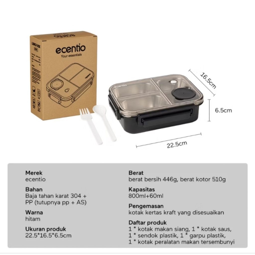 ECENTIO LUNCH BOX STAINLES 800ML SEKAT