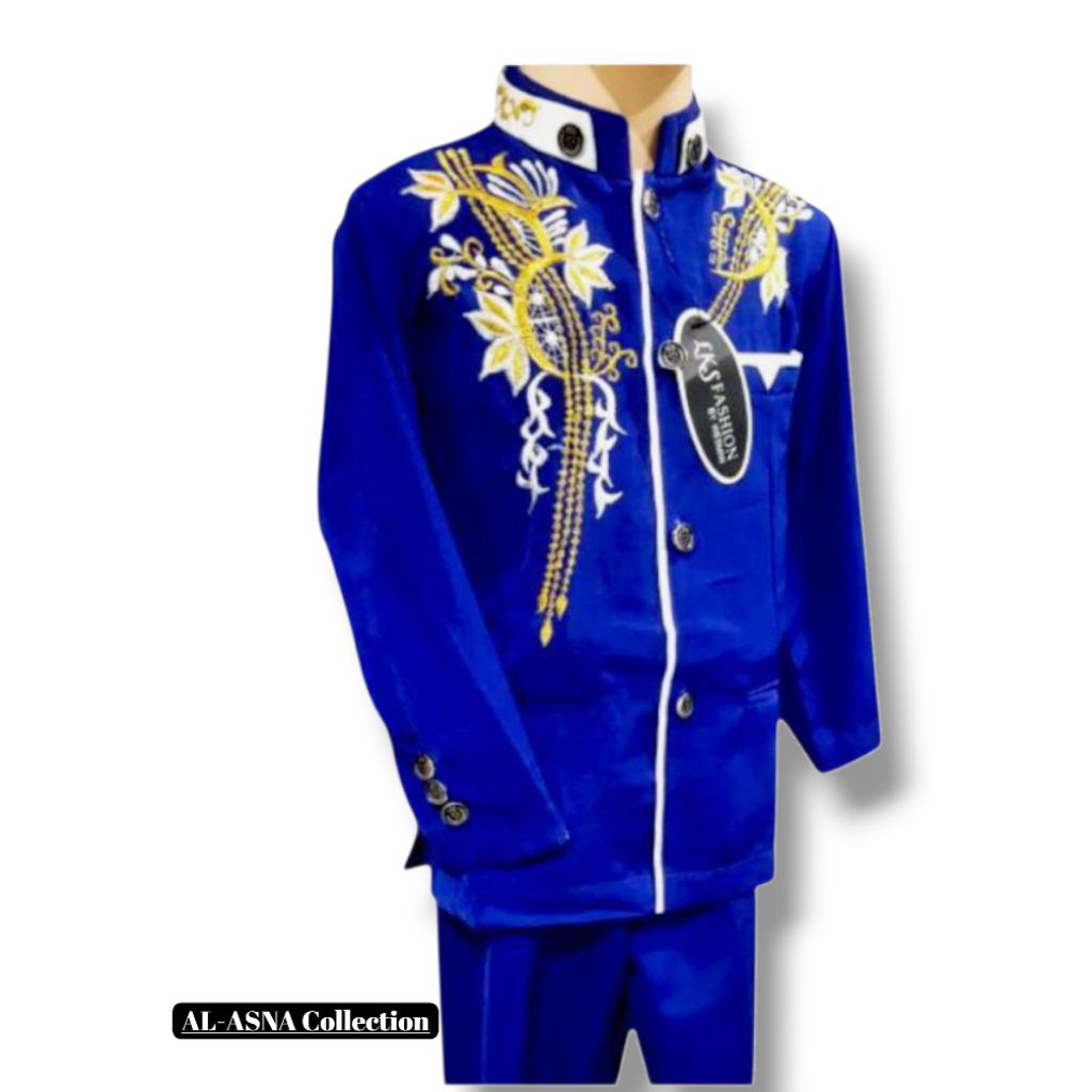 JASKO ANAK SETELAN CELANA BAJU JAS KOKO ANAK LAKI MUSLIM PANJANG BIRU LIS PUTIH