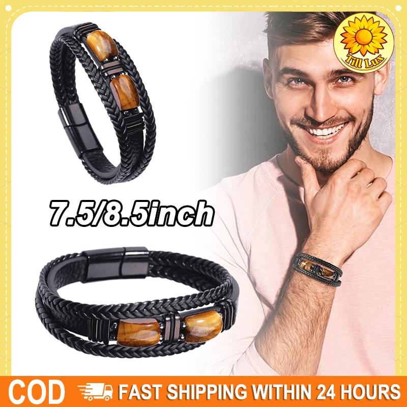 Gelang Batu Mata Harimau Hitam Pria - Kulit Tali Kepang Multi-Lapis, Titanium Anti Karat Perhiasan