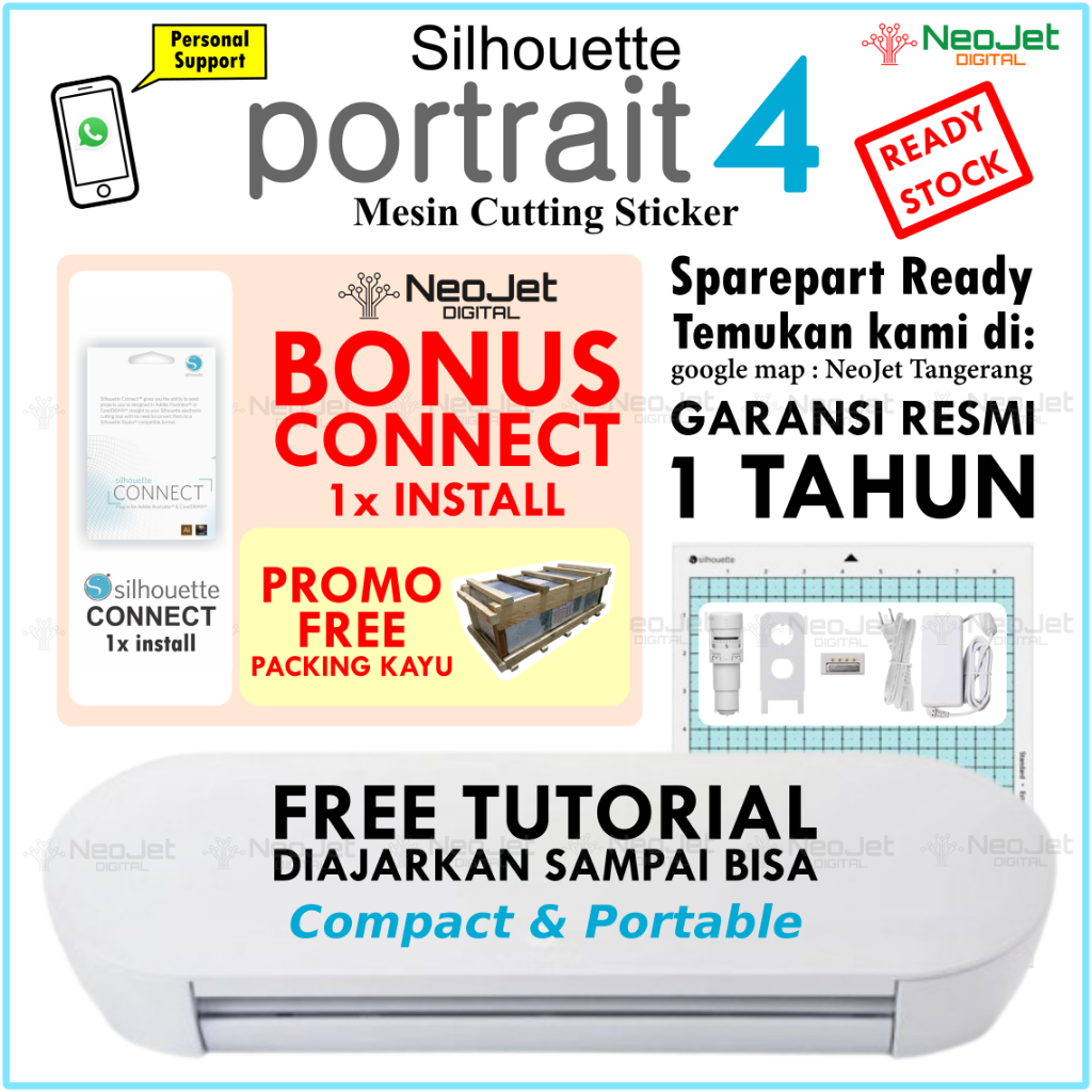 Paket Mesin Cutting Sticker Sablon Cameo Mini Portrait 4 + Connect Plugin Corel draw dan Illustrator